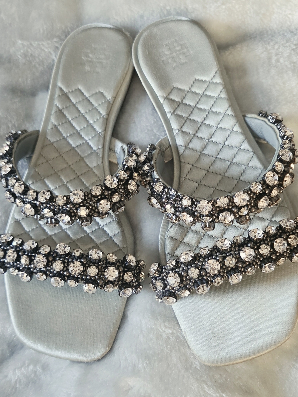 Tory Burch Logan Embellished Slide Sandals Gray